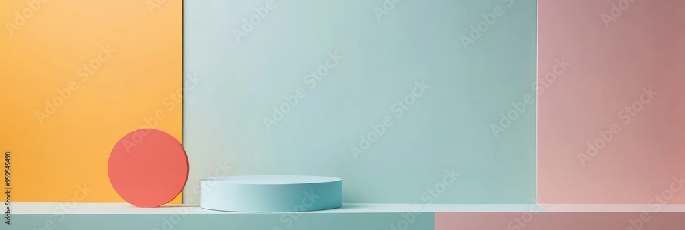 Aufkleber a stand podium is placed in front of a pastel backdrop, featuring geometric shapes and minimalistic 