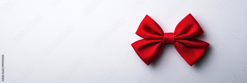 Poster a closeup view captures a vivid red bow positioned cleanly against a pristine white background, emph