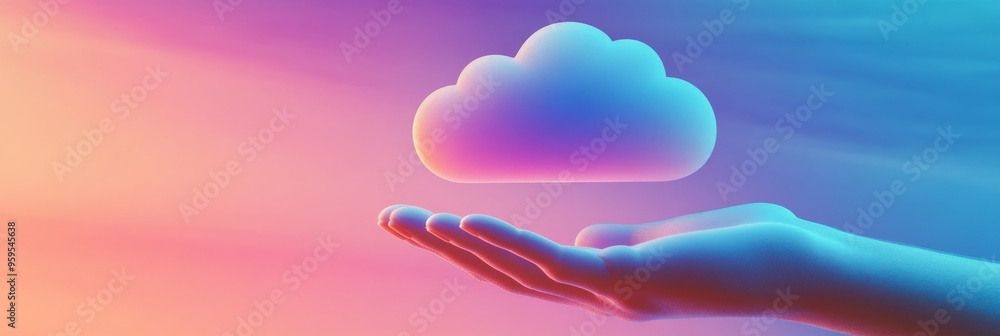 Poster a vibrant cloud icon hovers above an open hand, representing cloud computing. the background showcas