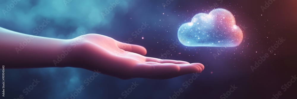 Poster a rendered cloud icon hovers just above an outstretched open hand, embodying the concept of cloud co