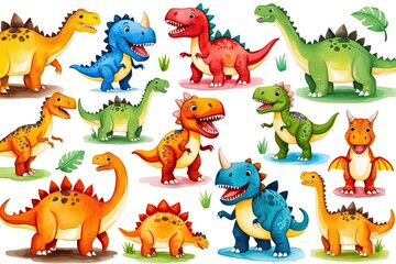 Obraz premium Joyful Watercolor Dinosaur Illustrations for Kids Featuring Prehistoric Creatures