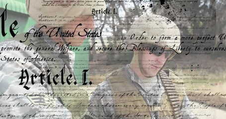 United States Constitution text animation over soldiers in military gear - Powered by Adobe