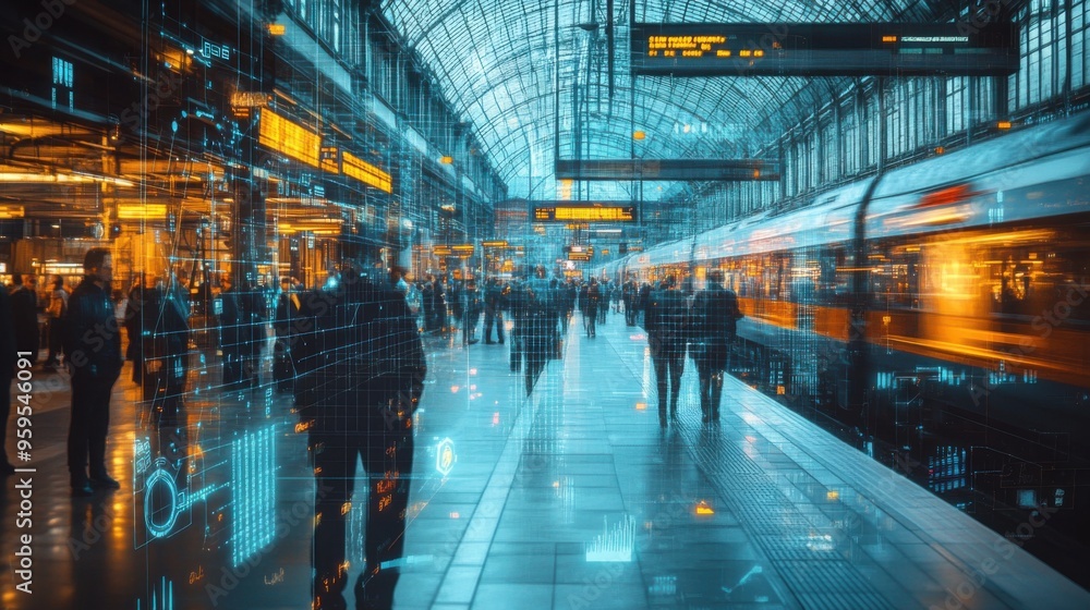 Poster cutting-edge safety surveillance in action: advanced system monitoring a crowded train station for s
