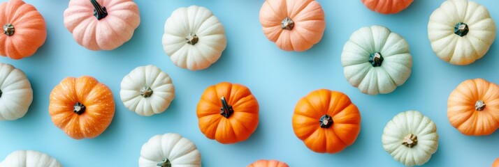 Small pumpkins in vibrant shades of orange, white, and pink are arranged neatly on a light blue surface, showcasing their charming appeal for seasonal decorations