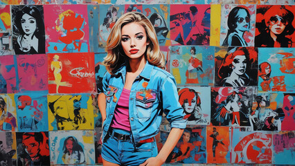 Blonde woman in denim outfit in front of pop art mural
