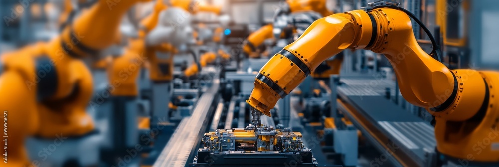 Poster a robotic assembly line operates in an automotive factory, featuring robotic arms assembling compone