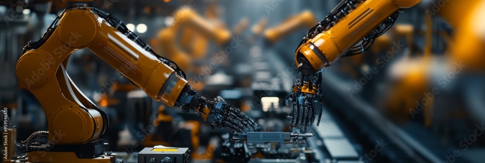 Poster a closeup view reveals robotic arms working meticulously on an assembly line, contributing to the st