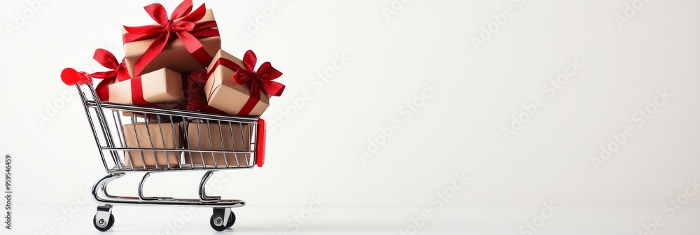 Poster a small shopping cart is filled with neatly wrapped gift boxes, each topped with a vibrant red bow, 