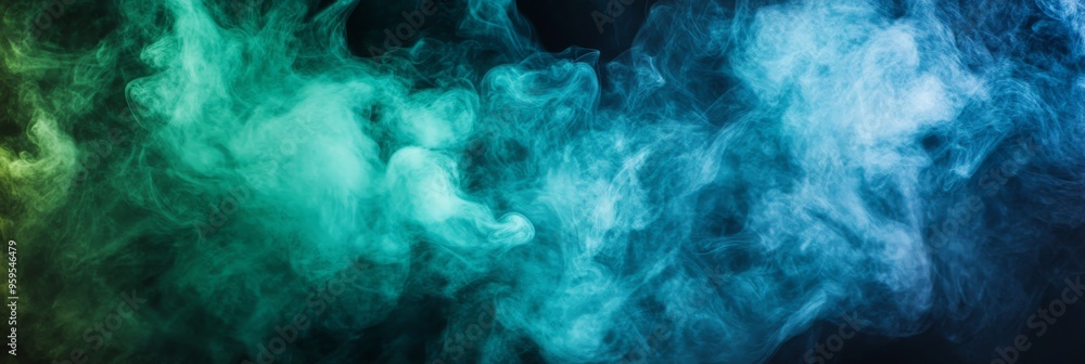 Poster a mesmerizing swirl of green and blue smoke dances against a black backdrop, creating a captivating 