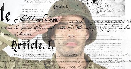 Saluting soldier over United States Constitution text animation