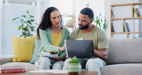 Frustrated couple, finance and documents with laptop on sofa for expenses, bills or financial...