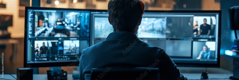 Poster an editor concentrates on creative tasks at their workstation, skillfully navigating through multipl