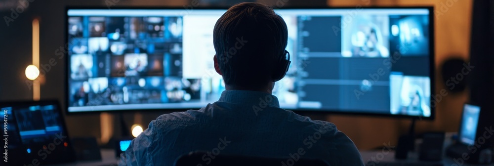 Poster a focused editor works intently at a computer workstation, adjusting footage on multiple screens in 