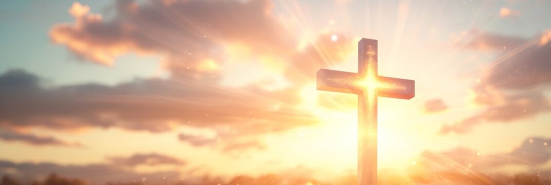 A radiant cross stands tall in the foreground, glowing against a delicate sunrise, symbolizing hope and spiritual renewal during the Ascension Day observance - Powered by Adobe