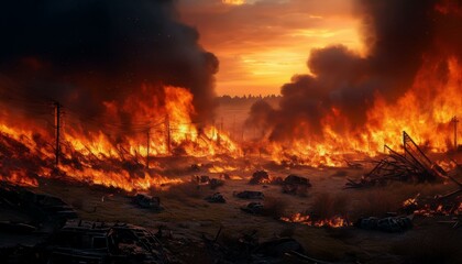A flaming battlefield, with scattered debris.