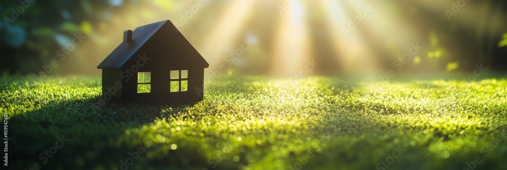 Poster a green home icon is placed prominently on lush grass, illuminated by warm rays of sunlight filterin