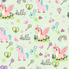 Baby fashion pattern design with cute unicorn, cloud, rainbow and flower drawing. Seamless pattern.  Kids fashion