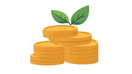 Green plant growing from a stack of gold coins, symbolizing financial growth, sustainability, and investment, isolated on a white background, ideal for economic and ecological concepts