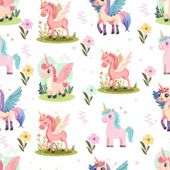 Baby fashion pattern design with cute unicorn, cloud, rainbow and flower drawing. Seamless pattern.  Kids fashion