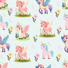 Baby fashion pattern design with cute unicorn, cloud, rainbow and flower drawing. Seamless pattern.  Kids fashion
