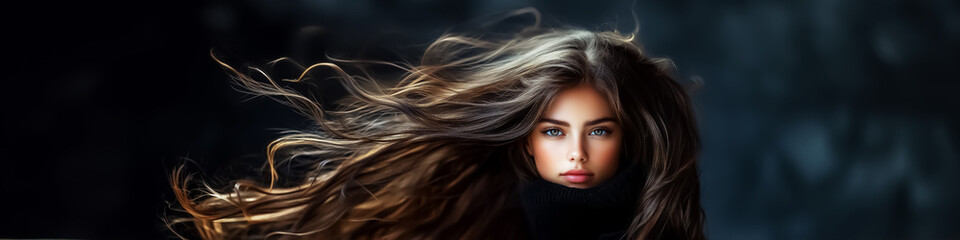Obraz premium Stunning portrait of a young supermodel with flowing hair, perfect for winter fashion campaigns and social media content. Design for Wall Art, Poster Print, Wallpaper & Background
