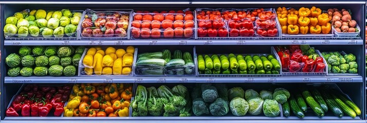 Naklejka premium A refrigerated shelf in a supermarket showcases an appealing assortment of colorful fruits and vegetables, inviting shoppers to explore healthy choices and fresh options