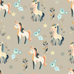 Baby fashion pattern design with cute unicorn, cloud, rainbow and flower drawing. Seamless pattern.  Kids fashion