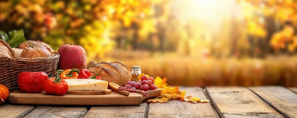 A beautiful autumn scene featuring fresh foods, including fruits, cheese, and bread, set against a warm, golden backdrop.