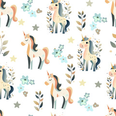 Baby fashion pattern design with cute unicorn, cloud, rainbow and flower drawing. Seamless pattern.  Kids fashion