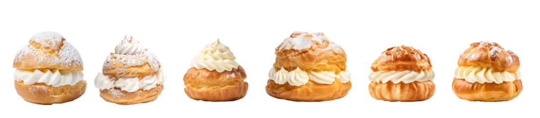 A delightful assortment of cream-filled pastries, showcasing various shapes and creamy toppings, perfect for dessert lovers.