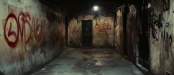 A scene in an abandoned alley at night, with graffiti-covered walls and a mysterious figure lurking behind it.