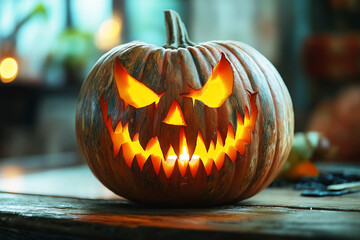 A glowing, carved jack-o-lantern with a sinister grin, perfect for setting a spooky Halloween atmosphere