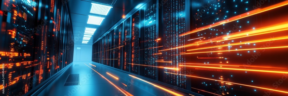 Poster the data server room features sleek servers with glowing led indicators, illustrating advanced edge 