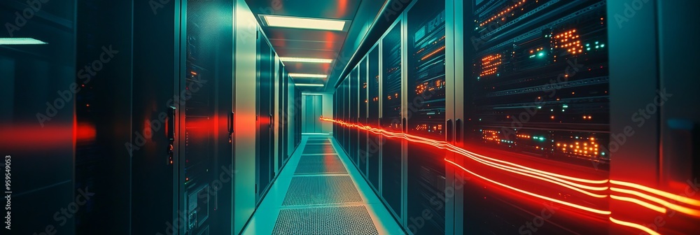 Poster the sleek data server room features rows of servers lined along the corridor, illuminated by glowing