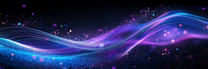Intertwining neon blue and purple light trails flow gracefully against a dark backdrop, creating a dynamic and vibrant representation of energy and movement