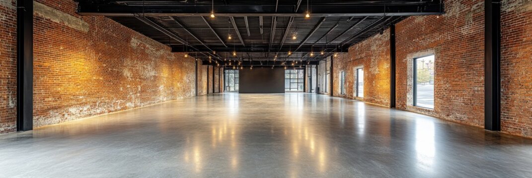 An expansive industrial loft-style space featuring sturdy exposed brick walls and smooth polished concrete floors. This versatile venue is perfect for events and creative activities