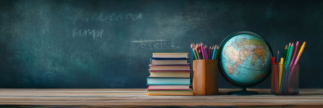 A colorful collection of school supplies, a globe, and a stack of neatly organized books are placed on a wooden surface, creating an inviting learning atmosphere