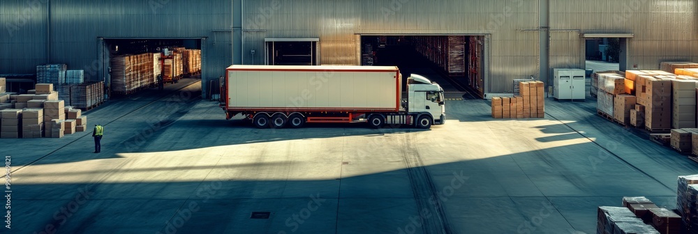 Poster a large truck is stationary outside a warehouse where boxes are organized and stacked, indicating on