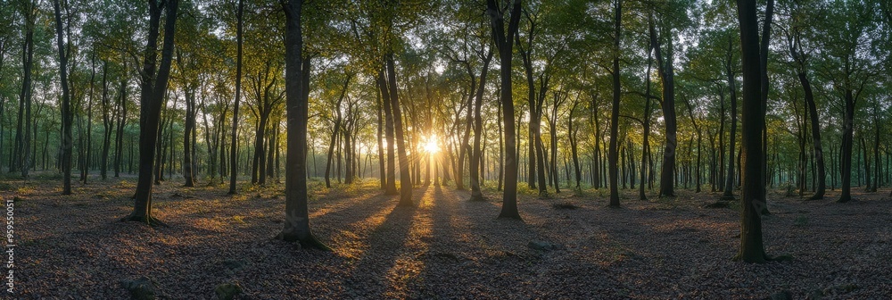 Poster dawn breaks over a peaceful forest, casting soft light through the trees and illuminating the forest