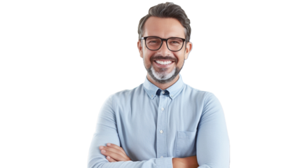 Happy laughing man posing with arms folded in casual shirt and glasses standing isolated over white background or transparent background PNG.
