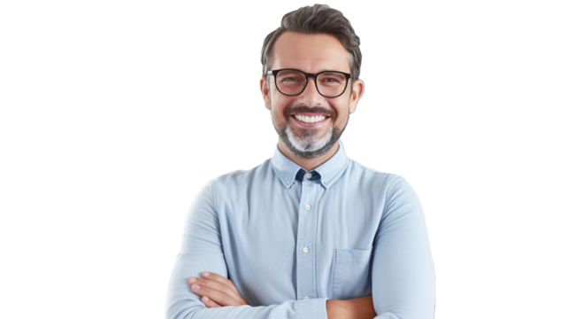 Happy laughing man posing with arms folded in casual shirt and glasses standing isolated over white background or transparent background PNG.
