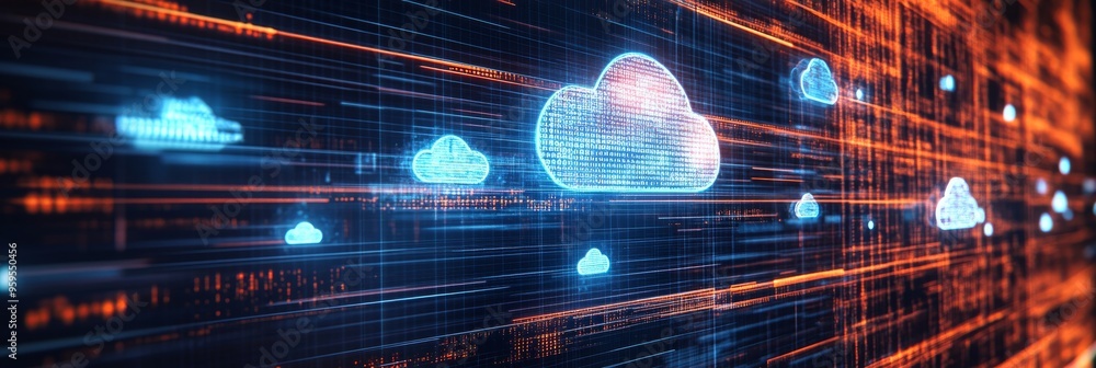 Poster a vibrant digital hologram showcases cloud data transfer with flowing binary code, emphasizing techn
