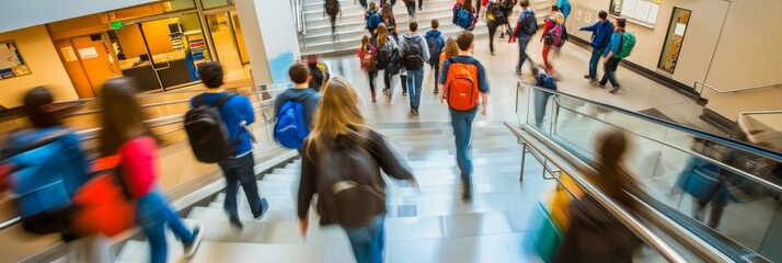 Students hurry up a staircase between classes in a lively high school, carrying backpacks and chatting as they move about the bustling hallways