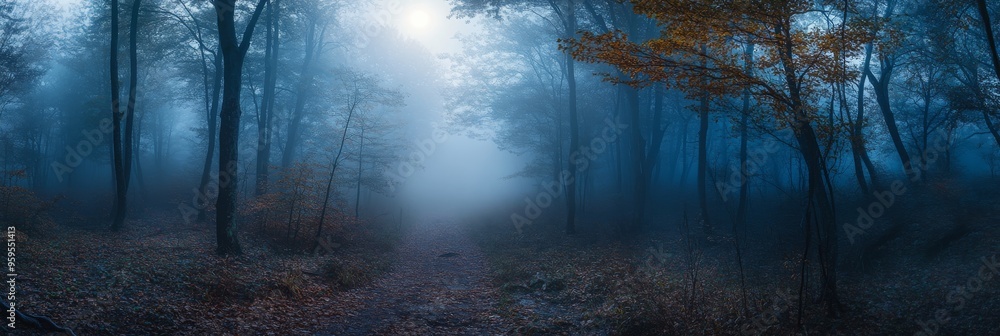 Aufkleber moonlight filters through the trees in a dense, foggy forest, creating an enchanting atmosphere as a