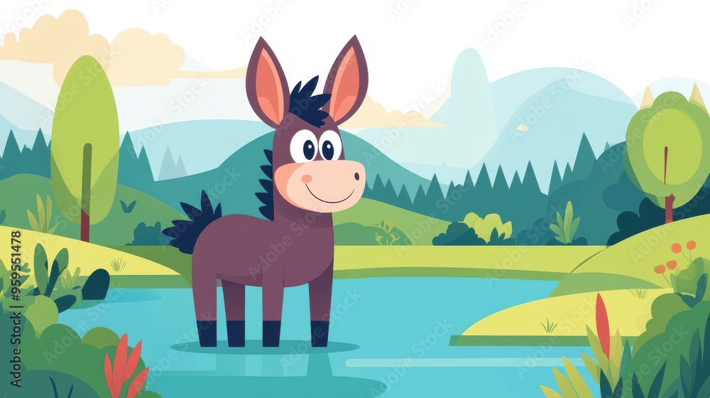 Sticker A charming cartoon donkey is featured against a peaceful, textured natural backdrop, capturing serene vibes.