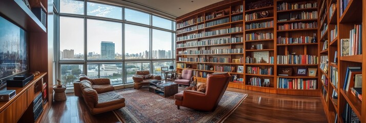 Fototapeta premium A spacious home office features custom-built bookshelves filled with various books, comfortable leather seating, and large windows showcasing an urban skyline