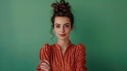Fototapeta premium Portrait of a confident woman with voluminous hair, wearing a vintage top, isolated on a green background.