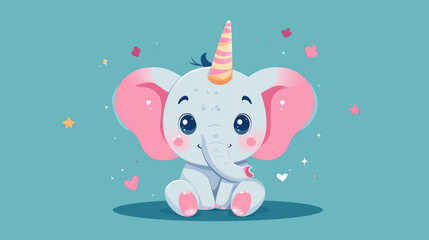 Fototapeta premium A cute, cartoonstyle elephant with a unicorn horn, featuring vibrant colors and playful textures in a modern illustration.