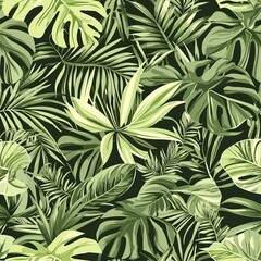 seamless pattern of overlapping tropical leaves in various shades of green