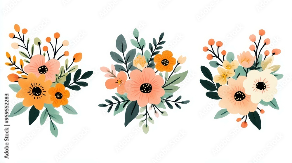 Poster Bright floral watercolor triptych art brings a fresh touch. Sweet orange and pink hues enhance any wall with charm.